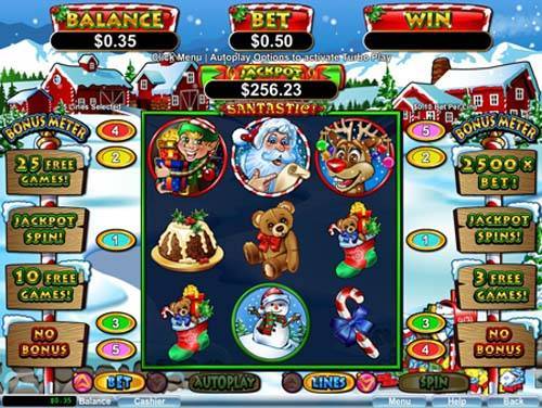 Santastic base game screenshot showing reels and features