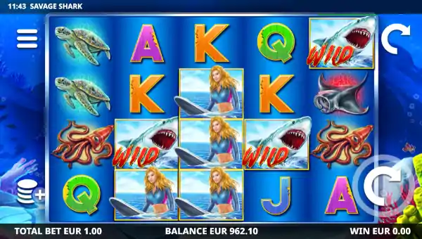 Savage Shark base game screenshot showing reels and features