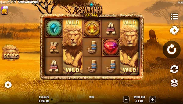 Savannah Fortune base game screenshot showing reels and features