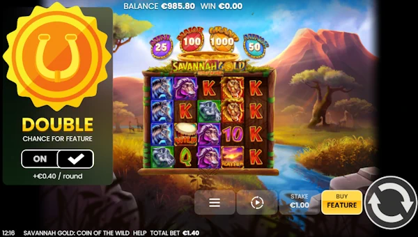 Savannah Gold Coin of the Wild base game screenshot showing reels and features
