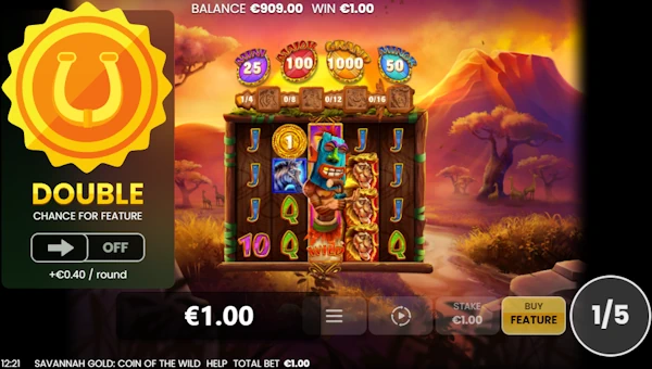 Screenshot of Savannah Gold Coin of the Wild slot demo showing reels and bonus game features