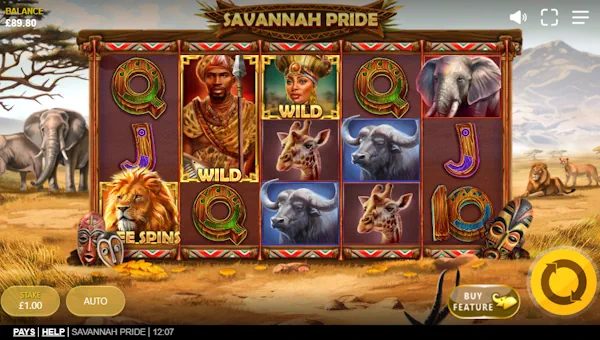 Savannah Pride base game screenshot showing reels and features