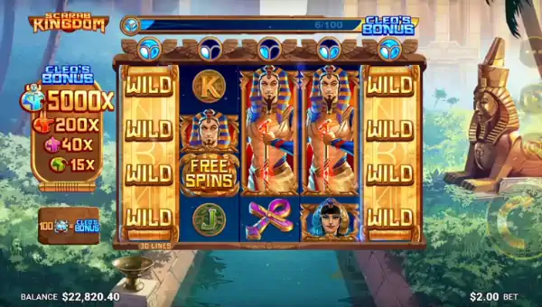 Scarab Kingdom base game screenshot showing reels and features