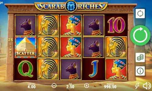 Scarab Riches base game screenshot showing reels and features