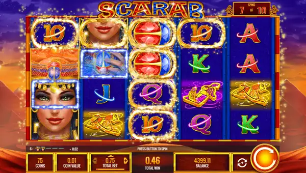 Scarab base game screenshot showing reels and features