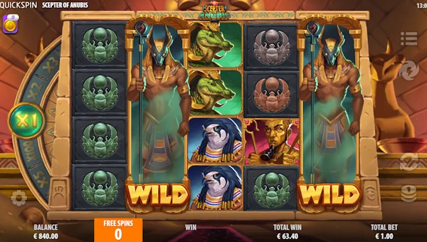 Screenshot of Scepter of Anubis slot demo showing reels and bonus game features