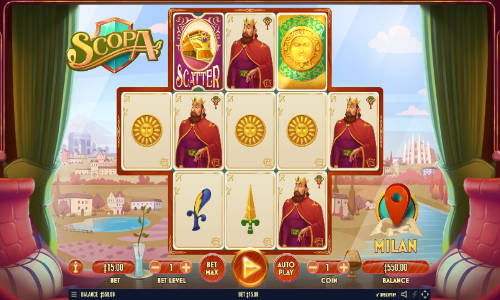 Scopa base game screenshot showing reels and features