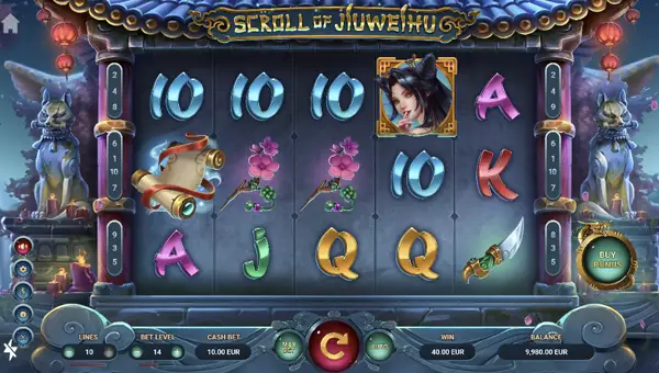 Scroll of Jiuweihu base game screenshot showing reels and features