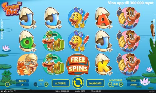 Scruffy Duck base game screenshot showing reels and features