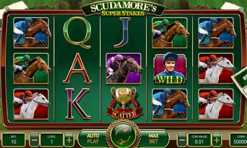 Scudamores Super Stakes base game screenshot showing reels and features