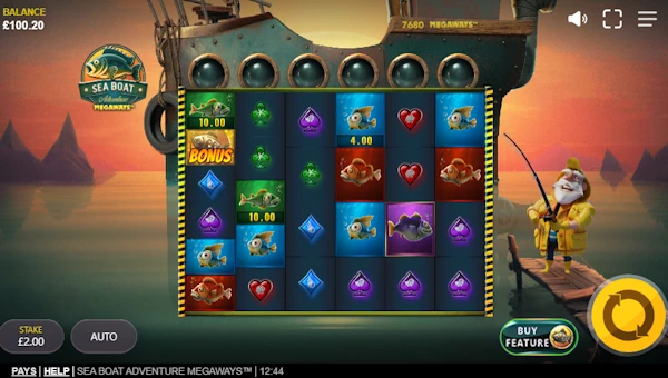 Sea Boat Adventure Megaways base game screenshot showing reels and features