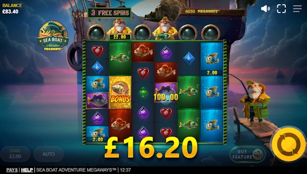 Screenshot of Sea Boat Adventure Megaways slot demo showing reels and bonus game features