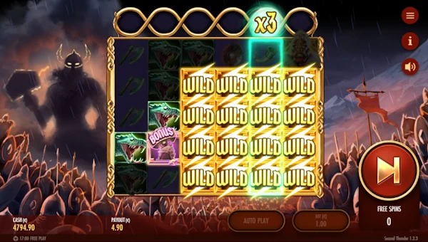 Screenshot of Second Thunder slot demo showing reels and bonus game features