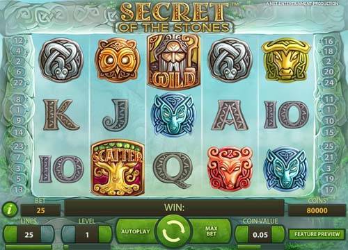 Secret of the Stones base game screenshot showing reels and features