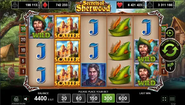 Secrets of Sherwood base game screenshot showing reels and features