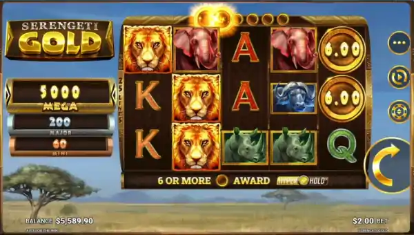 Serengeti Gold base game screenshot showing reels and features