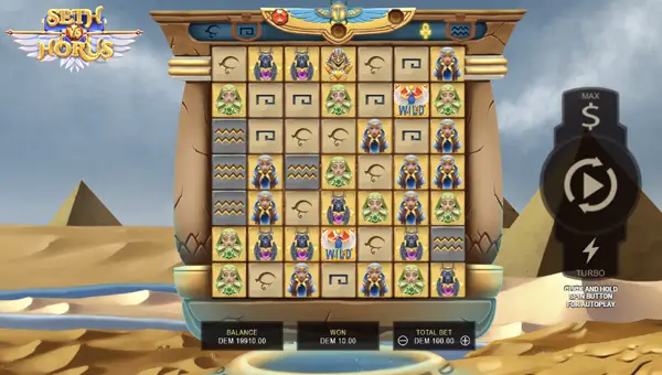 Seth vs Horus base game screenshot showing reels and features