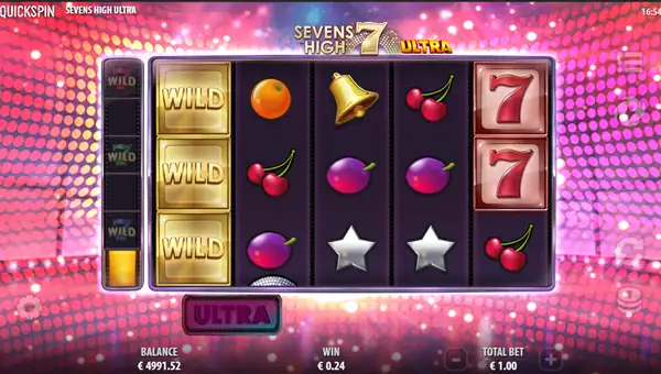 Sevens High Ultra base game screenshot showing reels and features
