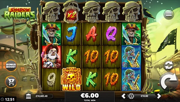 Shadow Raiders Multimax base game screenshot showing reels and features