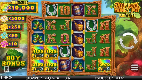 Shamrock Money Pot 10K Ways base game screenshot showing reels and features