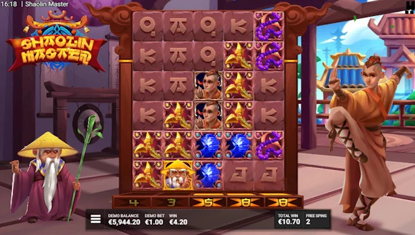 Screenshot of Shaolin Master slot demo showing reels and bonus game features