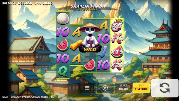 Shaolin Panda Chaos Reels base game screenshot showing reels and features