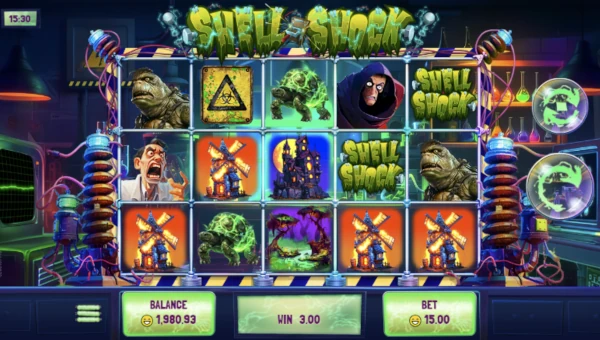 Shell Shock base game screenshot showing reels and features