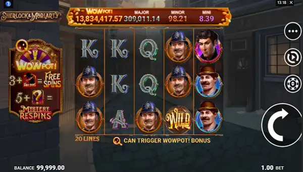 Sherlock and Moriarty WowPot base game screenshot showing reels and features