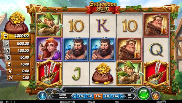Sherwood Gold base game screenshot showing reels and features