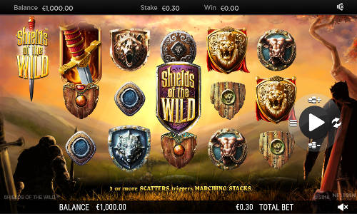 Shields of the Wild Slot Base Game Shields of the Wild base game screenshot showing reels and features
