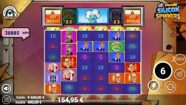 Screenshot of Silicon Spinners slot demo showing reels and bonus game features