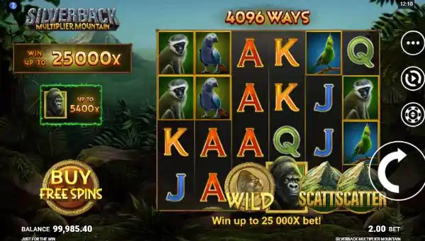 Silverback Multiplier Mountain base game screenshot showing reels and features