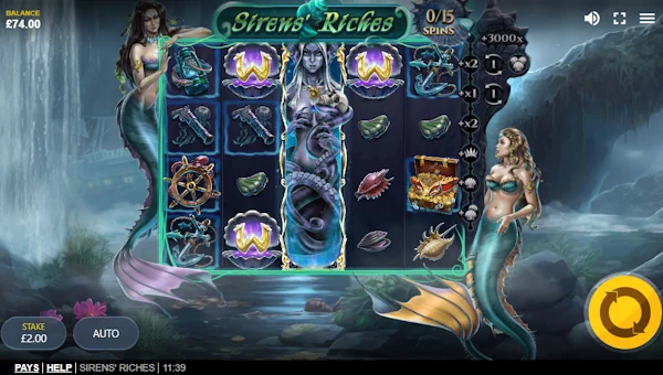 Sirens Riches base game screenshot showing reels and features