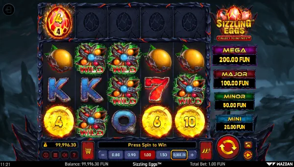 Sizzling Eggs base game screenshot showing reels and features
