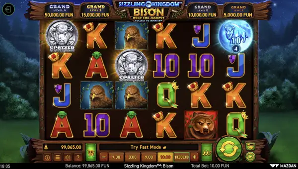 Sizzling Kingdom Bison base game screenshot showing reels and features