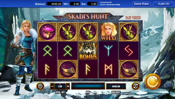 Skadis Hunt base game screenshot showing reels and features