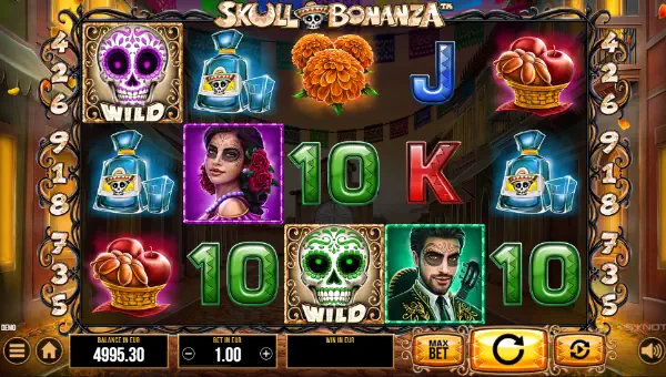 Skull Bonanza base game screenshot showing reels and features