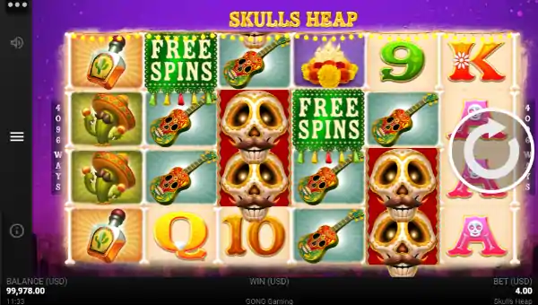 Skulls Heap base game screenshot showing reels and features