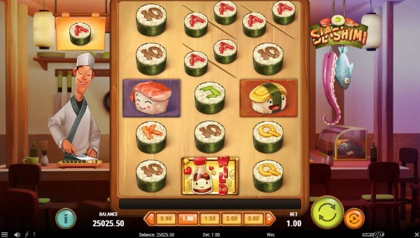 Slashimi base game screenshot showing reels and features