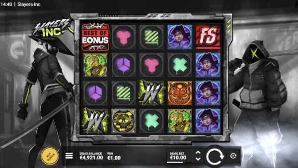 Slayers Inc base game screenshot showing reels and features