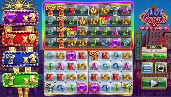 Slot Vegas Fully Loaded base game screenshot showing reels and features