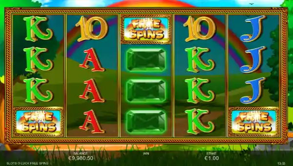 Slots O Luck base game screenshot showing reels and features