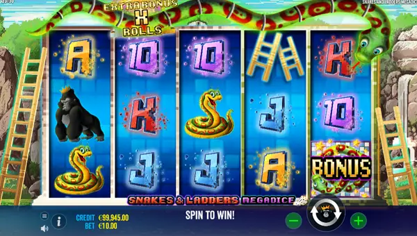 Snakes and Ladders Megadice base game screenshot showing reels and features