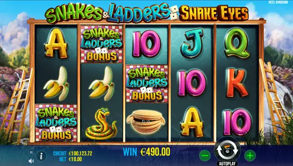 Snakes and Ladders Snake Eyes base game screenshot showing reels and features