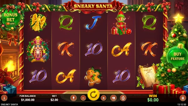 Sneaky Santa base game screenshot showing reels and features