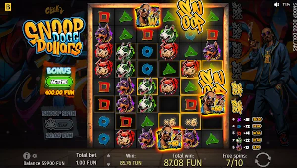 Screenshot of Snoop Dogg Dollars slot demo showing reels and bonus game features