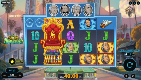 Snoops High Rollers base game screenshot showing reels and features