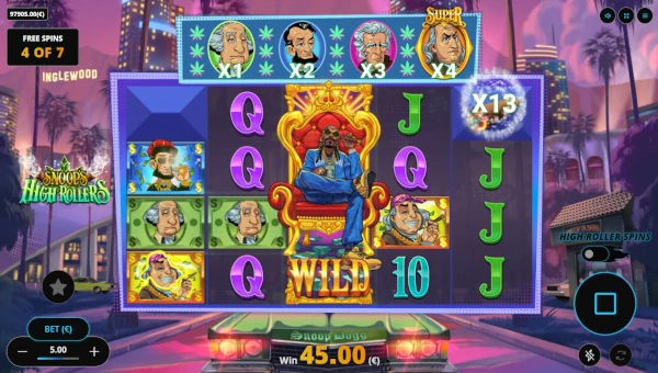 Screenshot of Snoops High Rollers slot demo showing reels and bonus game features