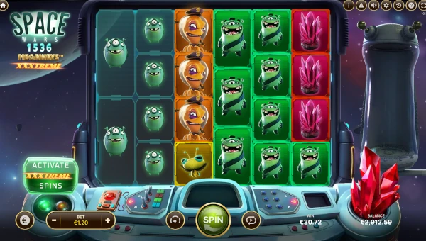 Space Wars Megaways XXXtreme base game screenshot showing reels and features