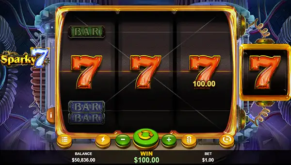 Sparky 7 base game screenshot showing reels and features
